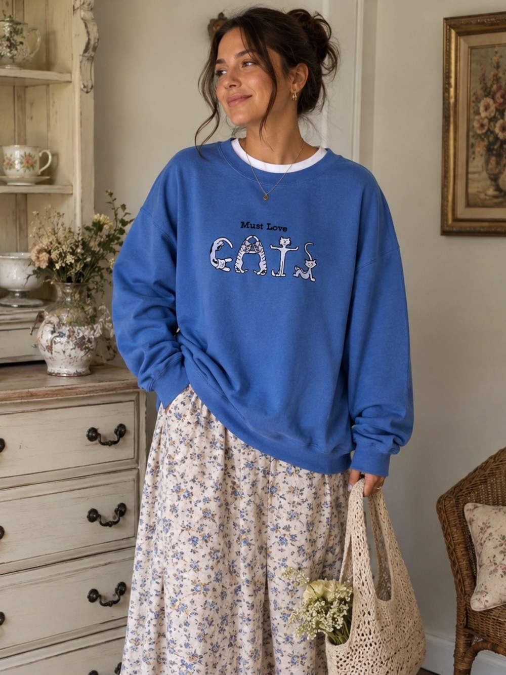 VTG 90s Must Love Cats Sweatshirt 3X Blue Embroidered Cat Retro Grannycore Cozy